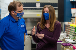 Dr. Heather Walden, an assistant professor at UF’s College of Veterinary Medicine, discusses her recent discovery of the rat lungworm parasite in Cuban treefrogs with Dr. Steve Johnson, an associate professor in the College of Agricultural and Life Sciences and a research collaborator, in her laboratory on Jan. 24, 2022.
