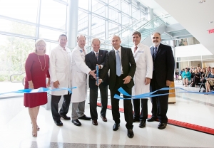 (Left to right) Carol Walker, David R. Nelson, M.D., David S. Guzick, M.D., Ph.D., U.S. Sen. Bill Nelson, Marco Pahor, M.D., Michael L. Good, M.D., and Michael G. Perri, during the ribbon-cutting ceremony for the CTRB opening.