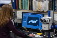 Dr. Heather Walden, an assistant professor at UF’s College of Veterinary Medicine, views an enlarged image of the rat lungworm parasite on a computer screen at her laboratory on Jan. 24, 2022.