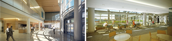 Images of interior atrium space and café side by side