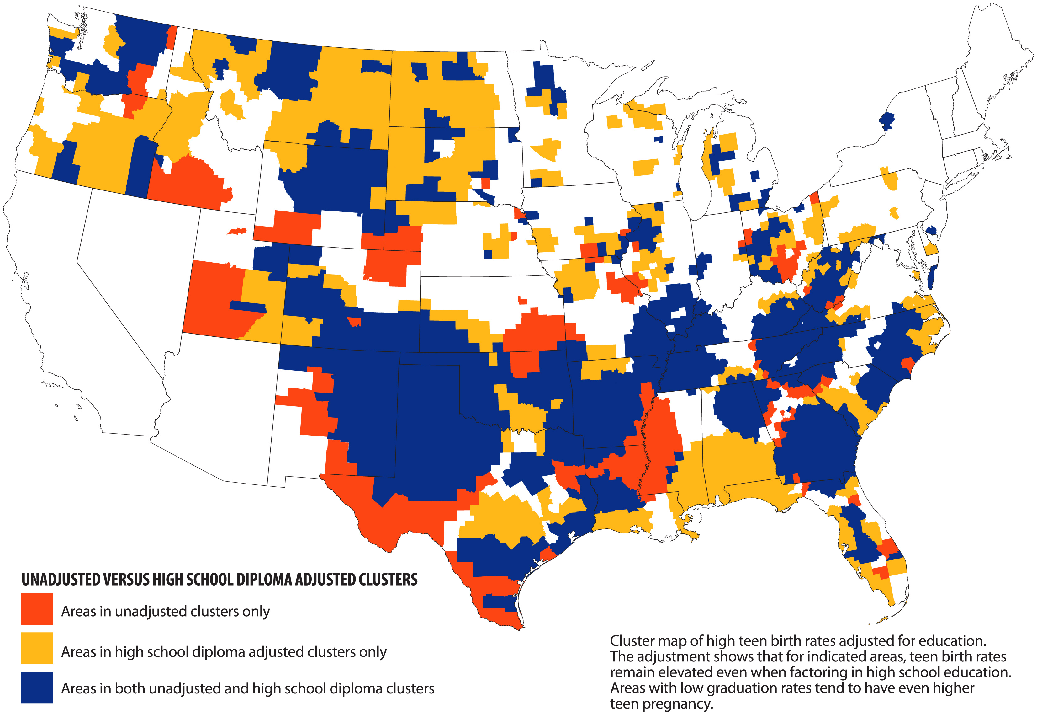 Teen Births unadjusted vs diploma (adjusted clusters) map
