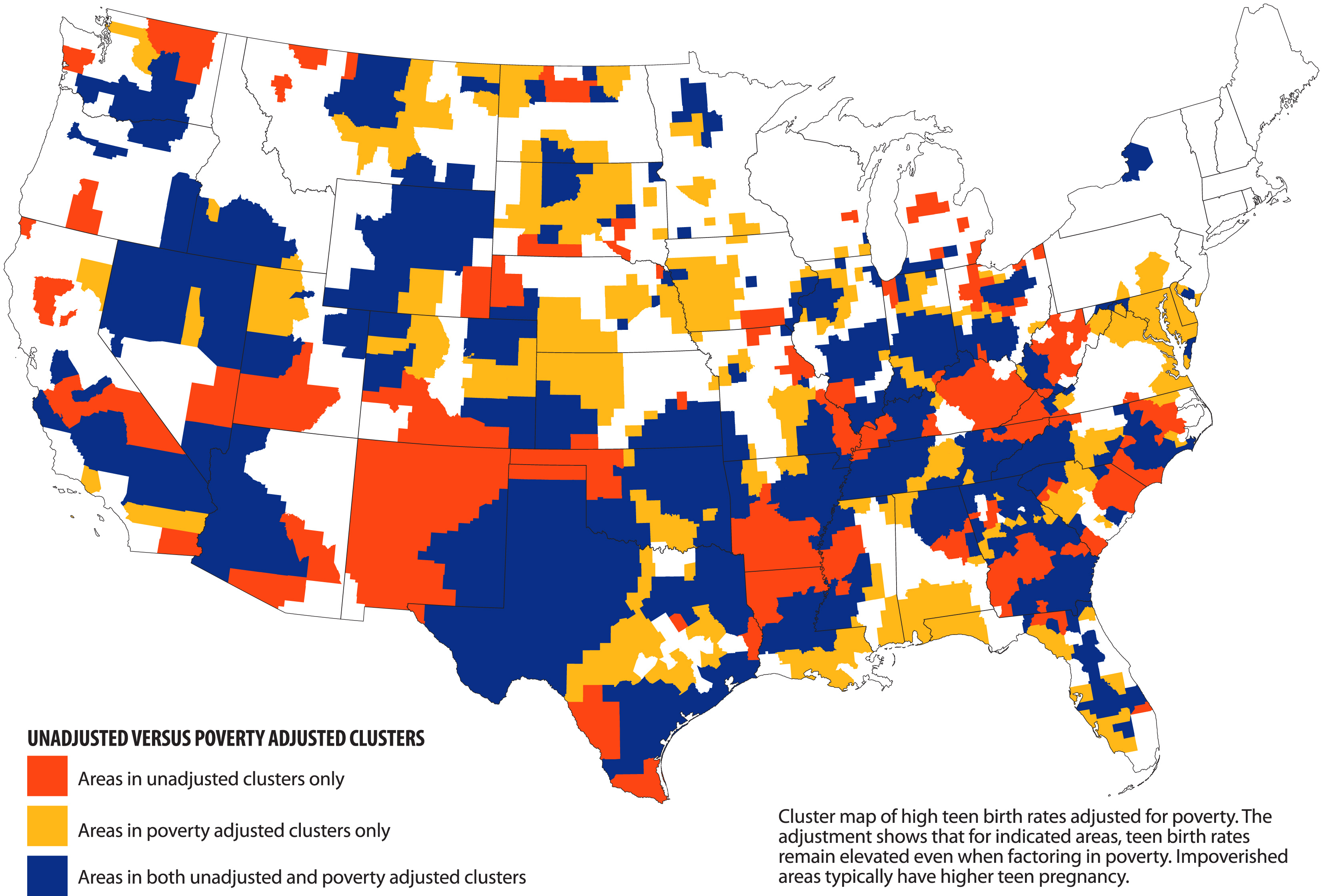 Teen Births unadjusted vs poverty (adjusted clusters) map
