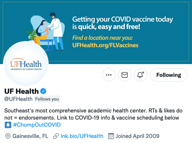 A screenshot of the UF Health verified Twitter account