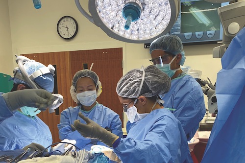 Maryam Rahman, MD, MS, right, and Si Chen, MD, middle, operate on an encephalocele patient.
