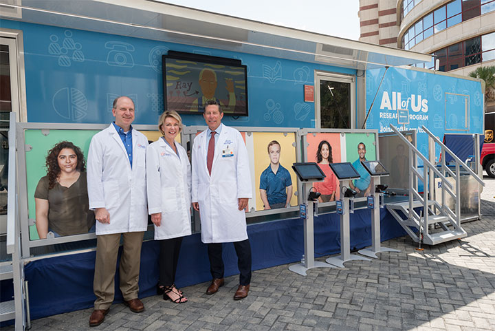 The All of Us Journey bus was featured at UF Health last fall. The hands-on mobile recruitment unit helped us teach the benefits of precision medicine and the goals of the program. Pictured (L-R) are the UF Health All of Us Research Program co-principal investigators William Hogan, M.D., UF College of Medicine professor of Health Outcomes and Biomedical Informatics, and Elizabeth Shenkman, Ph.D., UF College of Medicine chair of Health Outcomes and Biomedical Informatics and director of the Institute for Child Health Policy, with David R. Nelson, M.D., UF interim senior vice president for Health Affairs and president of UF Health.