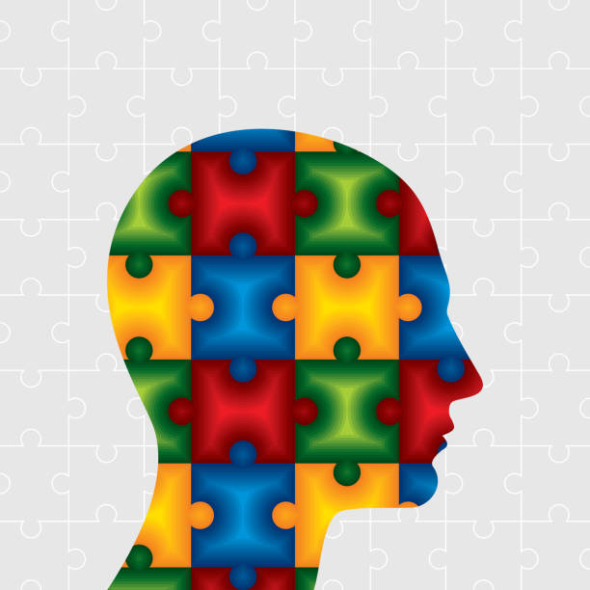 A graphic of a human head made up of interlocking puzzle pieces.