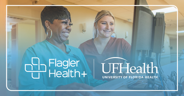 Flagler Health and UF Health logos are superimposed on an image of two healthcare workers at a computer station.  
